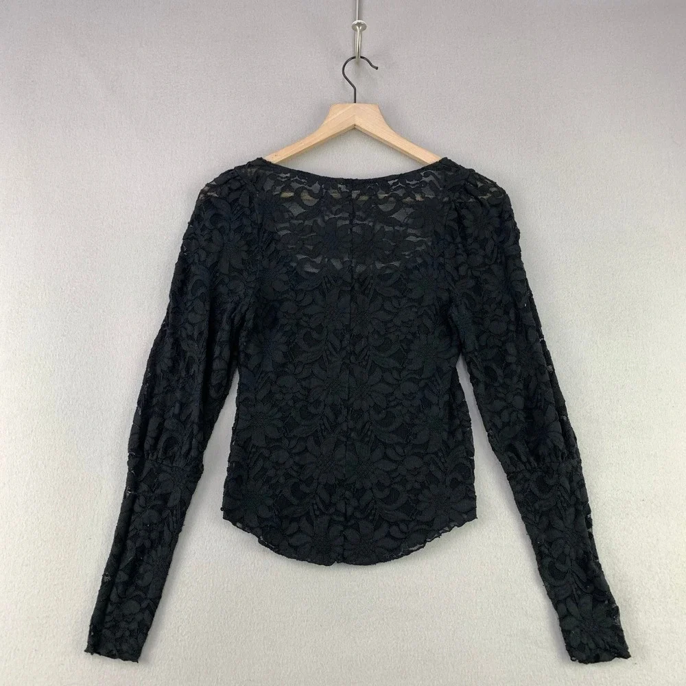 Free People Intimately Lace Top Women SP Black Romantic Square Neck Sheer Floral